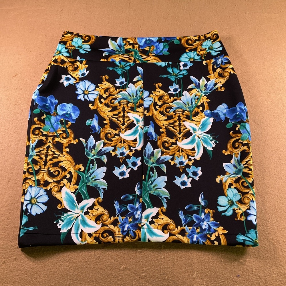 Thalia Sodi Womens Large Floral Baroque Mini Skirt Black Blue Gold Ornate Strtch
